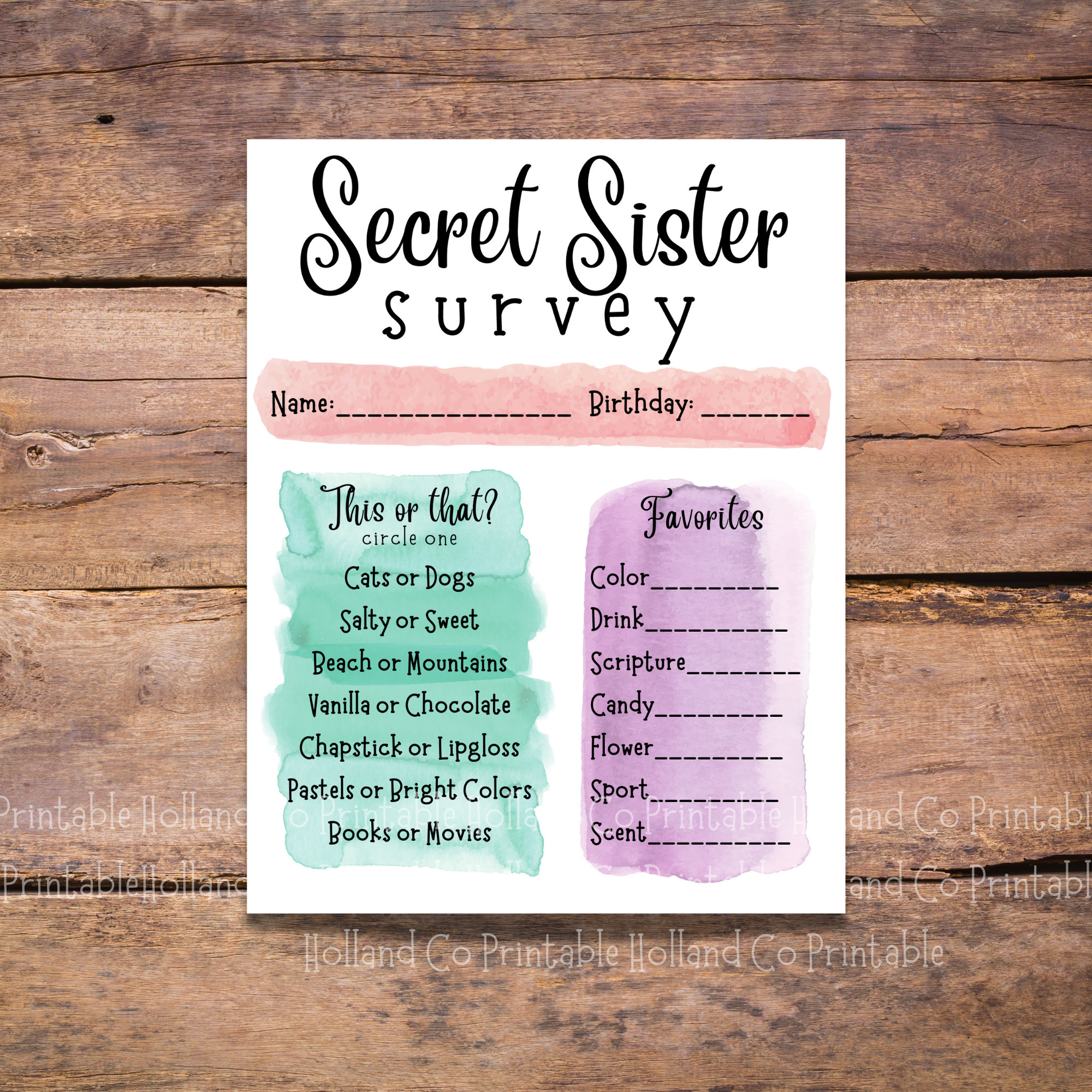 Secret Sister Printable Survey Questionnaire For Secret Sister Secret Sister Cards Lds Girls