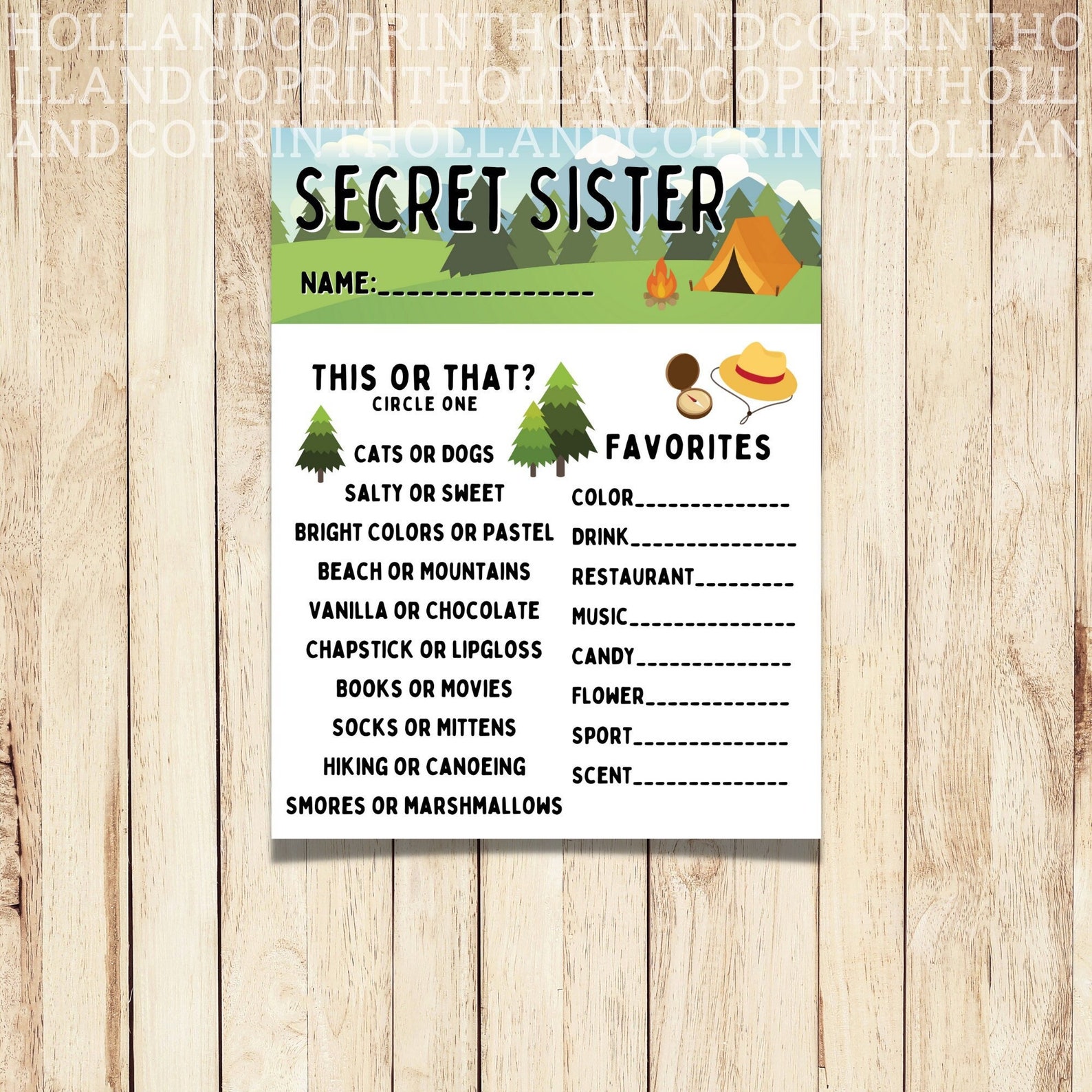 Girls Camp Secret Sister Printable Survey | Questionnaire for Secret ...