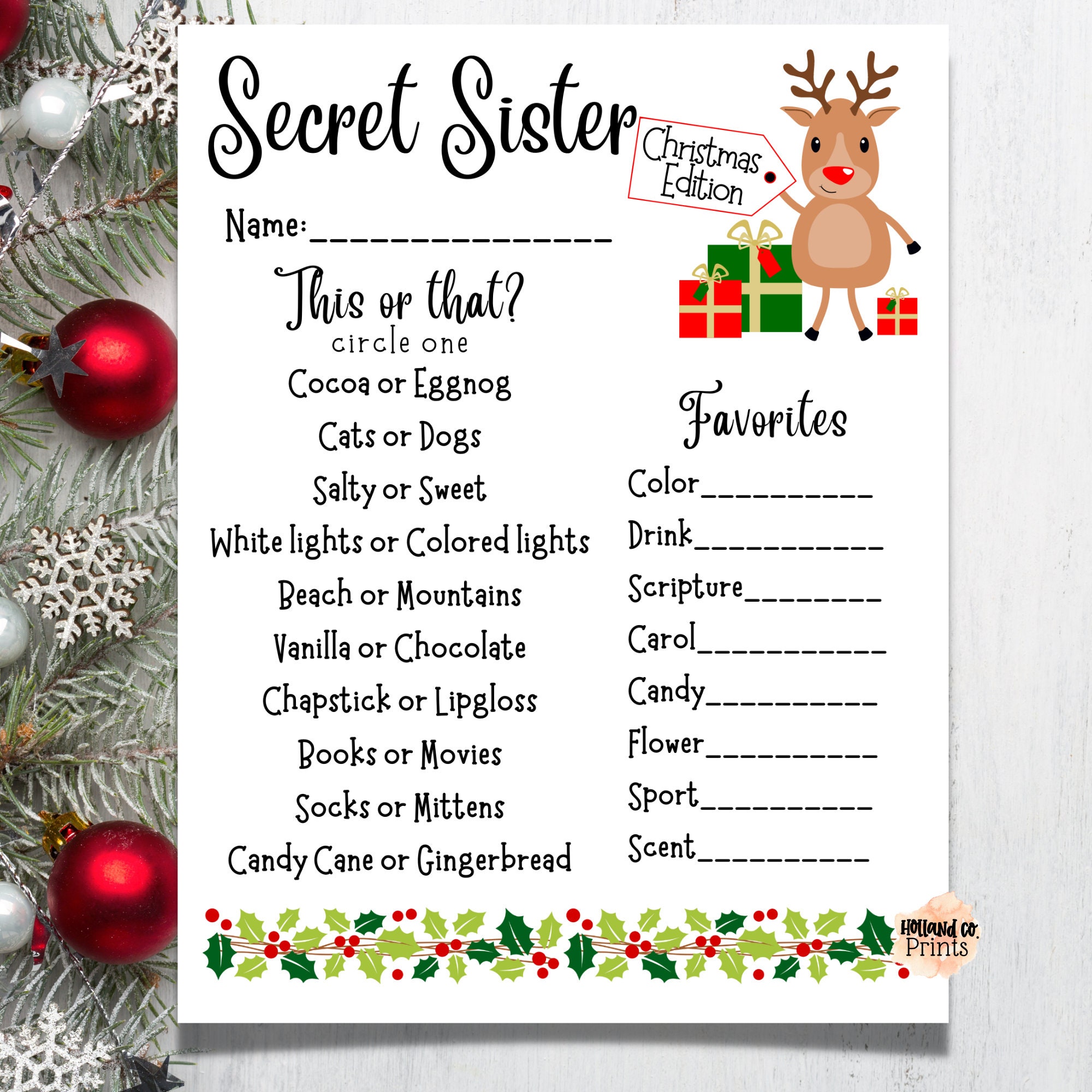 Christmas Secret Sister Printable Secret Santa Questionnaire - Etsy