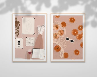 A Lazy Weekend Afternoon Girl with Wine and a Book Sunglasses and Oranges 2-Set Boho Wall Art Digital Art Print Instant Download