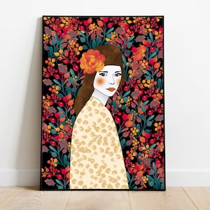 Shy Girl with Freckles in Flowers Fine Line Art with Watercolor Digital Art Print Instant Download