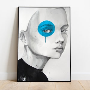 Minimalist Girl in Sketch with Blue Painting on Eye Art Wall Decor Digital Art Print Instant Download