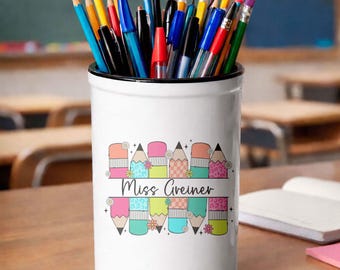 Personalised Ceramic Pencil Pot, Teacher Desk Organiser, Custom Stationery Holder