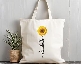 Sunflower Tote Bag, Custom Floral Gift with name, Personalised Reusable Shoulder Bag