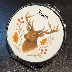 Stag Compact Mirror, Personalised Name Handheld Gift, Wild Male Deer Handbag Sized Beauty Tool