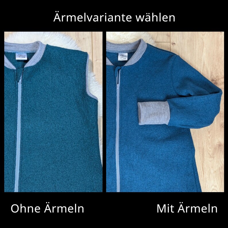 Den Schlafsack mit Füßen kannst du mit oder ohne Ärmel bestellen.