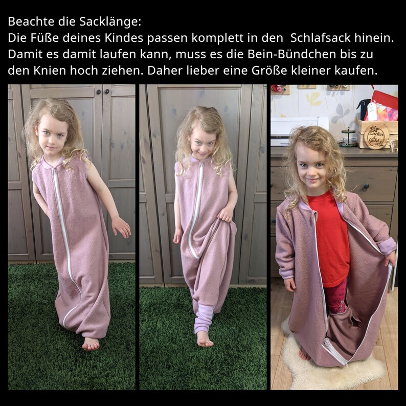 Ein Kind trägt einen ärmellosen Schlafsack mit Füßen und einem durchgehenden Reißverschluss. Der Schlafsack hat eine lockere Passform. Hier sieht man wie der Schlafsack durch die Bein-Bündchen gerafft wird. Text auf Deutsch gibt Größenhinweise.