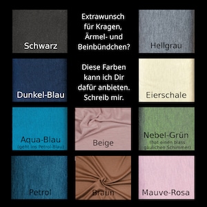 Eine Farbauswahl mit Stoffmustern in verschiedenen Farbtönen, darunter Schwarz, Dunkelblau, Aquablau, Beige, Petrol, Braun und Mauve-Rosa. Deutscher Text bietet Farbauswahl für Kragen, Ärmel und Beinbündchen.