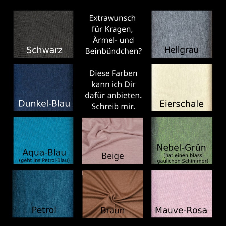 Eine Farbauswahl mit Stoffmustern in verschiedenen Farbtönen, darunter Schwarz, Dunkelblau, Aquablau, Beige, Petrol, Braun und Mauve-Rosa. Deutscher Text bietet Farbauswahl für Kragen, Ärmel und Beinbündchen.
