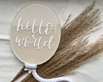 painted acrylic gift for new baby, hello world balloon, newborn photograph props