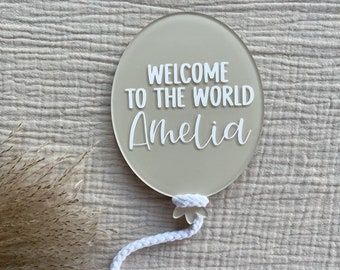 personalised name announcement balloon, acrylic baby disc sign, welcome to the world balloon plaque, birth announcement newborn