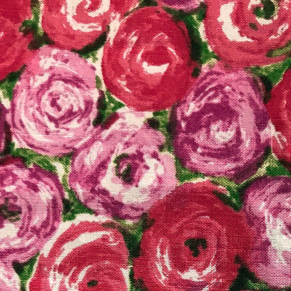 vintage cotton fabric piece cabbage roses pink red