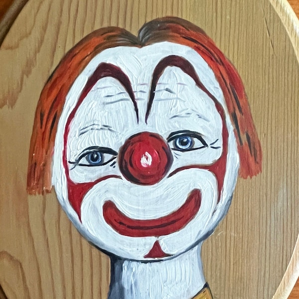 vintage original painting clown on oval wood plaque