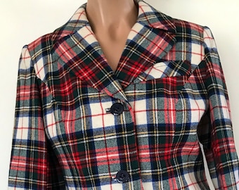 Blazer Pendleton vintage de lana a cuadros color crema, rojo, azul marino, verde y amarillo, talla 6