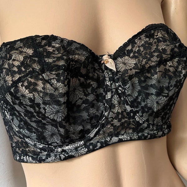 vintage black lace strapless bra 32C Hollywood Maxwell Mais Oui