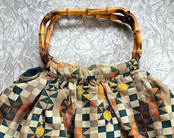 vintage handmade bag cool geo fabric bamboo handles