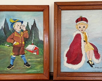pair of vintage framed paintings outsider art children of England Switzerland