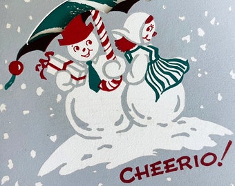 vintage unused xmas Christas card snowman lady umbrella snow