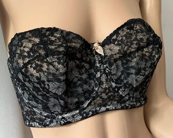 vintage black lace strapless bra 32C Hollywood Maxwell Mais Oui