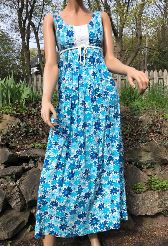 Vintage Hawaiian Maxi Dress Blue Floral 
