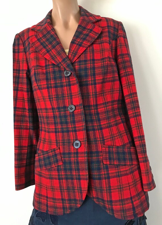 vintage red navy green plaid wool Pendleton blazer