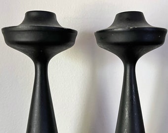 vintage MCM mid-century modern Danish wood black candle holders