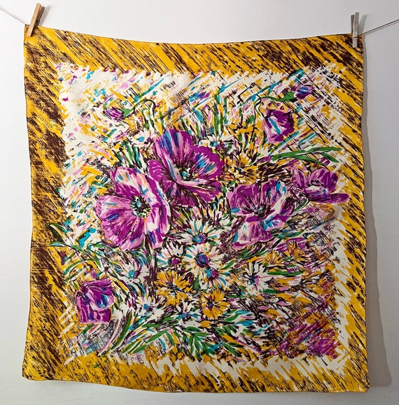 vintage silk scarf abstract floral purple yellow