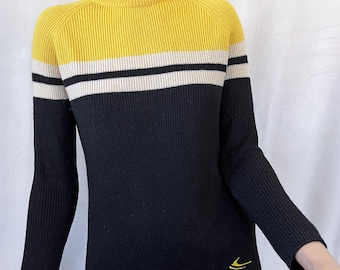 Suéter de esquí deportivo vintage de lana Ski-Doo con rayas amarillas y negras