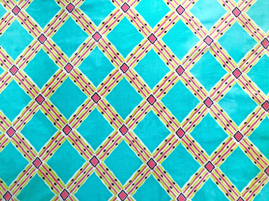 Vintage Cotton Fabric Turquoise, Pink, Chartreuse, Brown - Etsy