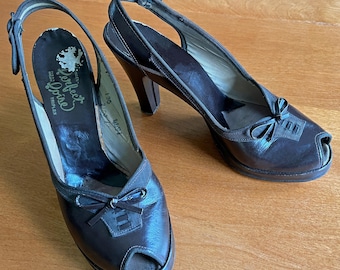 vintage braune Leder Slingback Peep-Toe Pumps Damen Schuhe 1940er Jahre Gr.6.5