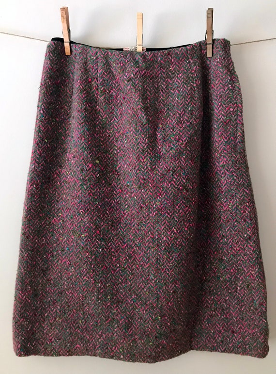 vintage tweed pencil skirt pink green herringbone - image 2