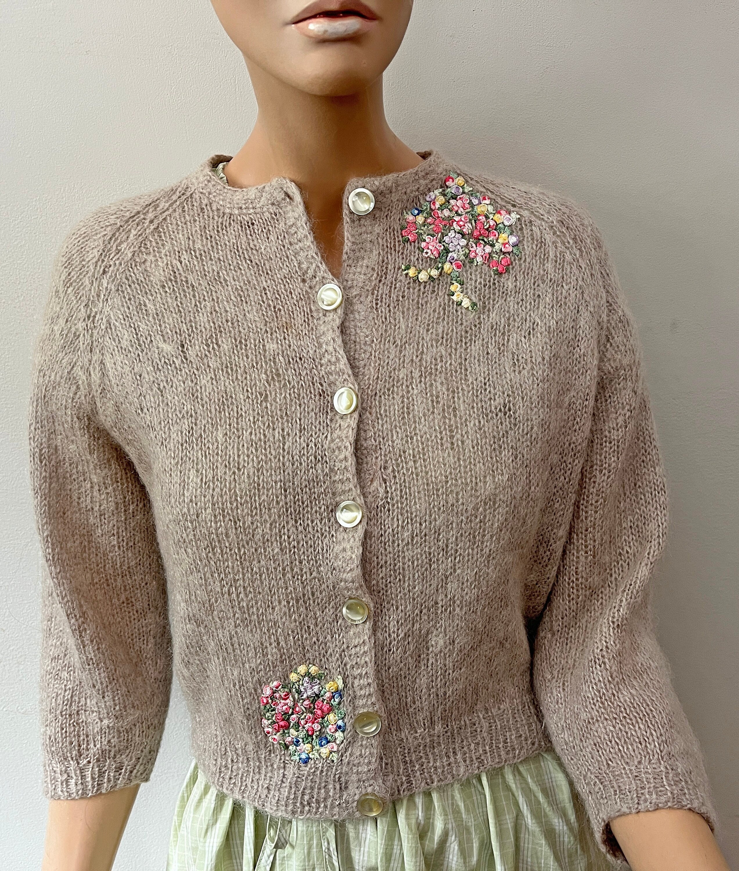 Vintage Mohair Cardigan Sweater Embroidered Flowers XS