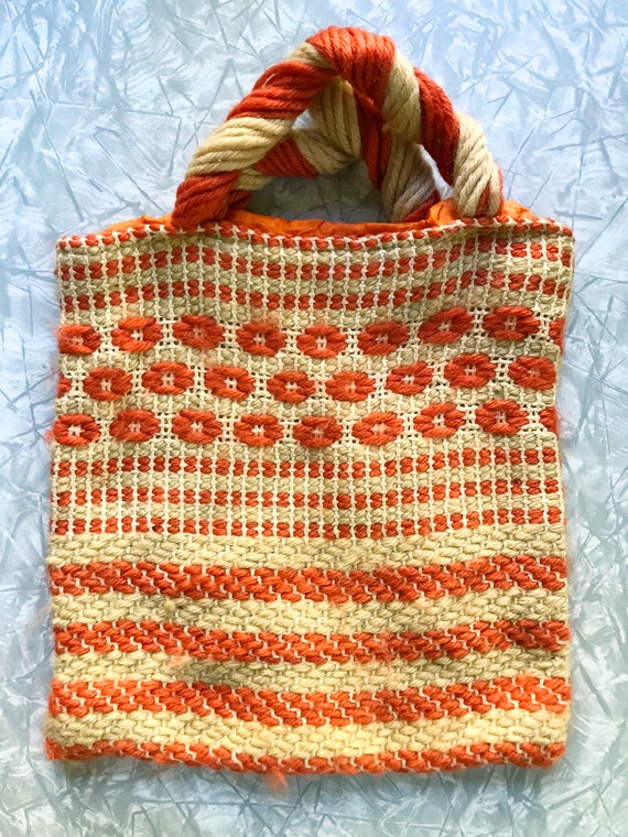 vintage tote or handbag, wool and jute, orange an… - image 2