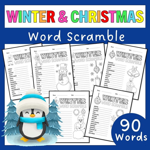 Winter Themed Word Scramble Puzzles | Christmas Word Scramble Games for Kids | 90 Winter & Christmas Words  with Answer Key