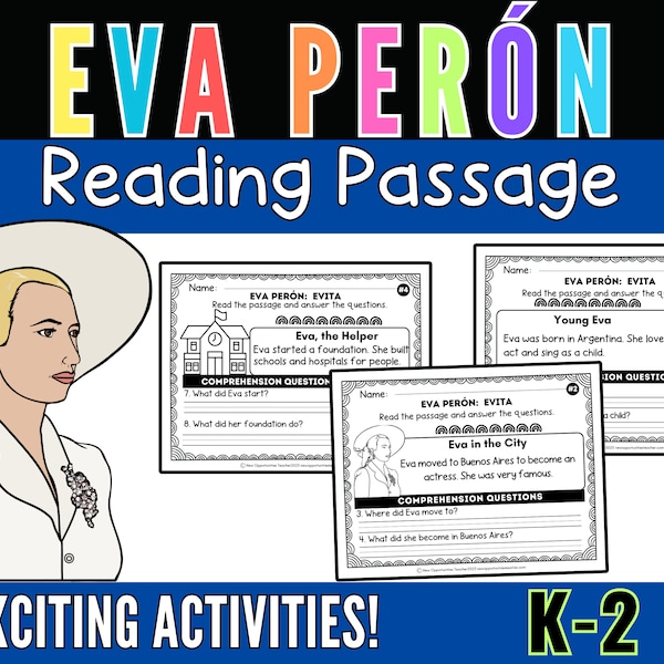 Eva Perón Reading Comprehension Passages and Questions | Timeline | Vocabulary Worksheet | Word Search | Hispanic Heritage Month k-2 Grades