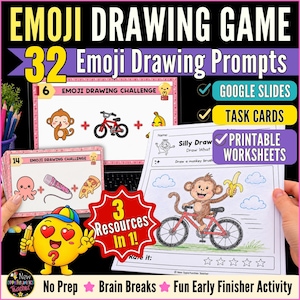 May include: Educational resource for an emoji drawing game with 32 prompts. Includes Google Slides, task cards, and printable worksheets. The image shows examples of emoji drawing challenges with a monkey on a bike and other emoji combinations.
