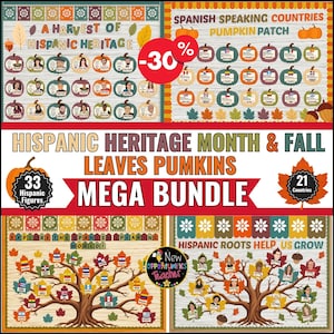 Peut inclure: Un ensemble éducatif pour le mois du patrimoine hispanique et l'automne, comprenant des décorations avec des citrouilles et des feuilles, 33 portraits de personnalités et 21 drapeaux nationaux. Le texte inclut A Harvest of Hispanic Heritage, Spanish Speaking Countries Pumpkin Patch et Hispanic Roots Help Us Grow.