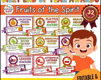 Fruits of the Spirit Silly End of Year Student Awards Editable Canva Template and PowerPoint, graduation Certificates & Matching Bookmarks
