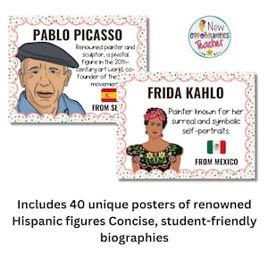 Op de afbeelding: Twee kleurrijke posters met portretten van Pablo Picasso en Frida Kahlo. De posters bevatten biografische informatie over elke kunstenaar, inclusief hun land van herkomst. De tekst "Includes 40 unique posters of renowned Hispanic figures Concise, student-friendly biographies" staat onderaan de afbeelding.