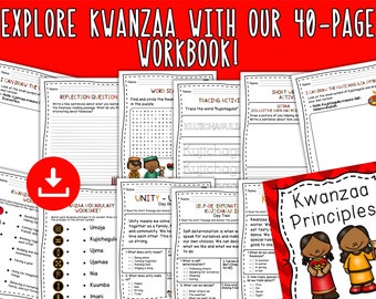 May include: A colorful Kwanzaa workbook with 40 pages of activities. The cover features a download icon and a variety of worksheets with titles like "I Can Draw the Kujichagulia Symbol", "Reflection Question", "Word Search", "Tracing Activity", "Short Writing Activity", "Unity - Day One", "Self-Determination Kujichagulia - Day Two", and "Kwanzaa Principles".
