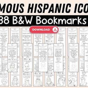 Famous Hispanic Icons Coloring Bookmarks - Hispanic Heritage Month Bookmarks to Color - National Book Month Gift - Hispanic Latino Americans