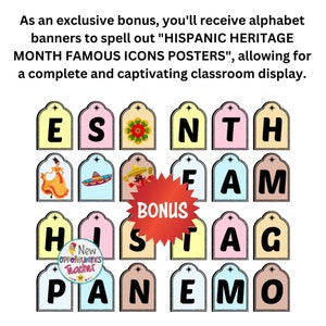 Op de afbeelding: Een set kleurrijke alfabetbanners met een sterontwerp, die "HISPANIC HERITAGE MONTH FAMOUS ICONS POSTERS" spellen. De banners bevatten verschillende illustraties die verband houden met de Hispanic-cultuur, waaronder een sombrero, een bloem en een vrouw in een traditionele jurk.