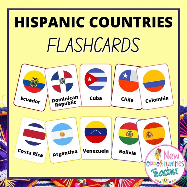 National Hispanic Heritage Month Flashcards | Hispanic Countries Flash Cards | Latino Heritage Month | 21 Flags Digital Download