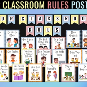 Classroom Rules Posters Set of 20, Classroom Decorations, Bulletin board for Kindergarten Preschool Primary Middle High School, Fun Activity