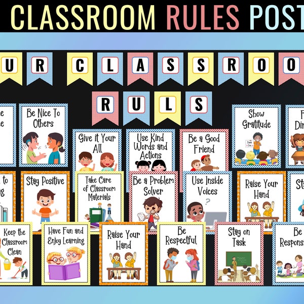 Classroom Rules Posters Set of 20, Classroom Decorations, Bulletin board for Kindergarten Preschool Primary Middle High School, Fun Activity