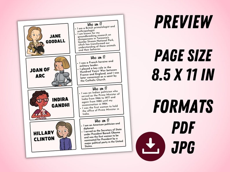 Printable who am i cards women s history month matching game