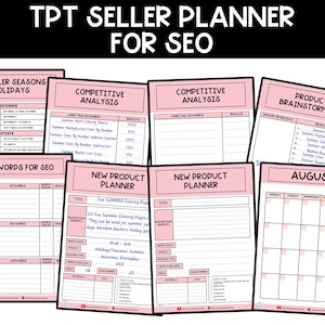 TPT Seller Planner for SEO, Product Brainstorming, Competitive Analysis, New Product Planner, My TPT Product Checklist, 12 Month Planner