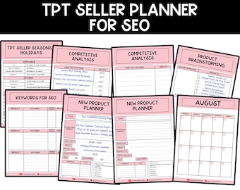 TPT Seller Planner for SEO, Product Brainstorming, Competitive Analysis, New Product Planner, My TPT Product Checklist, 12 Month Planner