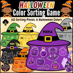 May include: A Halloween color sorting game featuring six witch hat-shaped containers in green, yellow, purple, gray, black, and orange. Each hat displays matching colored icons like pumpkins, spiders, and potions. Text includes HALLOWEEN COLOR SORTING GAME.
