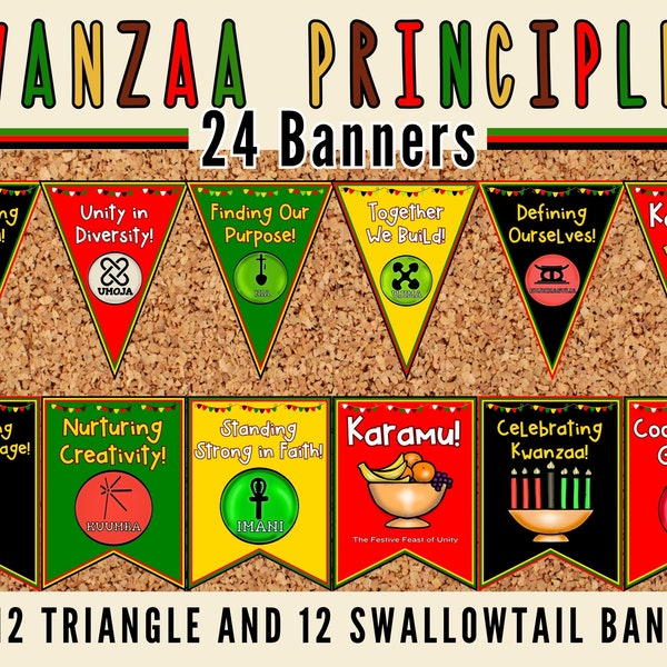 Celebrate Kwanzaa Banners - Kwanzaa Principles Pennants Set of 24 - December Classroom Decor - Kwanzaa Bulletin Board Banner Set